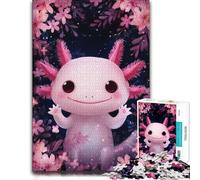 Cute Axolotl Surrounded by Pink Flowers Adult Wooden Puzzle | Shared puzzle time: focused tabletop leisure during indoor leisure.