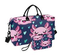 Cute Axolotls Dark Navy Pink Travel Duffel Bags & Toiletry Pouches Set of 2, Fashion Gym Dance Bag Carry on Bags for Airplanes