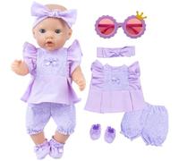 Cute Baby Doll Clothes, Purple Floral Set, 5PCS Reborn Baby Dolls Clothes with Short Sleeved Top and Shorts, Bow Headband, Shoes, Crown Glasses, Sweet Doll Outfits Suitable for Summer Dressing