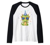 Cute Baby Dragon Birthday Party Hat Sunglasses Kids Raglan Baseball Tee