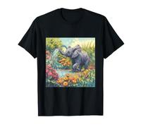 Cute Baby Elephant Watering Flowers Garden Impressionist T-Shirt
