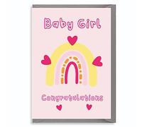 Cute Baby Girl Card, Congratulations, Pastel Pink Parents Mum Dad Daughter - Blank Inside, Rainbows & Hearts B3