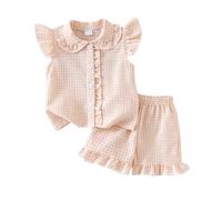 Cute Baby Girls Summer Outfits Grid Print Flying Sleeve Ruffle Shirt Crew Neck Button Down Shirt Tank Tops Ruffle Elastic Shorts Set 2pcs Toddler Girl Cotton Linen Set Beige