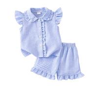 Cute Baby Girls Summer Outfits Grid Print Flying Sleeve Ruffle Shirt Crew Neck Button Down Shirt Tank Tops Ruffle Elastic Shorts Set 2pcs Toddler Girl Cotton Linen Set Blue