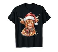 Cute Baby Highland Cow Santa Hat Scottish Plaid Xmas Lights T-Shirt
