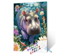 Cute Baby Hippo Swimming Paint by Numbers Kit for Adults Beginners on Canvas,Animals DIY Oil Painting Crafts Acrylic koi Fish Paintwork Home Wall Decoration Gifts 16X20 Inch (Frameless)