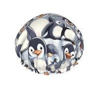 Cute Baby Penguins Sketch Print Shower Cap, Lined Shower Cap For Women Reusable, Double Layer Waterproof Bath Cap