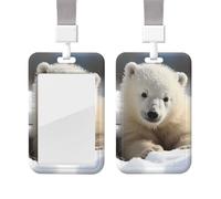 Cute Baby Polar Bear ID Badge Holder with Lanyard Vertical ID Card Holder with Clear Window Sliding Card Case Protector Pouch for Nurse Officer Teacher Name Credit Cards Holder