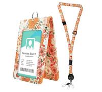 Cute Badge Holder with Clear Double-Sided Windows Easily Holds 1 to 4 Cards,Floral Leather ID Name Badge Holder with Adjustable Retractable Lanyards, Breakaway Neck Lanyards for Nurse Teacher School