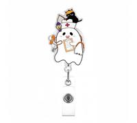 Cute Badge Reel Halloween Badge Holder White Ghost Badge Reels Halloween Retractable Decorative Badge Clip Acrylic Ghosts Black Cat Badge Holders for Nurse Doctor Staff Teacher ID Card Office