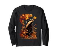 Cute Badger with Fall Leaves Forest Animal Autumn Aesthetic Long Sleeve T-Shirt