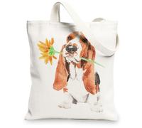 Cute Basset Hound Floral Canvas Tote Bag, Eco-Friendly Reusable Grocery Bags, Lightweight Art Print Shoulder Bags, White, 13x15 Inch