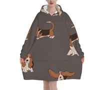 Cute Basset Hound,Women's Oversized Wearable Blanket Hoodie, Blanket Sweatshirt,Flannel Pullover Blanket