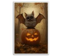 Cute Bat on Jack-o’ Lantern Canvas Art Whimsical Halloween Décor with Glowing Pumpkin and Autumn Forest Indoor Decor for Home Offices Living Room Bedroom Dining Room