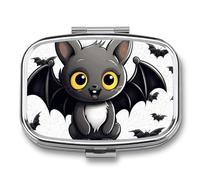 Cute Bat Pill Box 2 Compartment - Small Metal Medicine Organizer Portable Pill Case for Purse Pocket Travel Vitamin Organizer for Men Women, BPA-Free