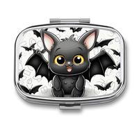 Cute Bat Pill Box 2 Compartments Portable Travel Pill Case Mini Medicine Organizer for Pocket Purse Metal Waterproof Medicine Container Holder Vitamin Fish Oil