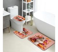 Cute Bathroom Mat Sets 3 Piece, Peach Floral Meerkat Absorbent Non Slip Toilet Rugs U Shaped Washable, Autumn Decor Quick Dry Flannel Bathroom Rug Set