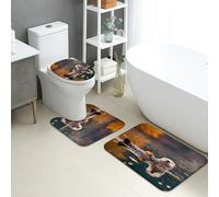 Cute Bathroom Mat Sets 3 Piece, Playful Otter Floating with Pumpkin Absorbent Non Slip Toilet Rugs U Shaped Washable, Autumn Cozy Quick Dry Flannel Bathroom Rug Set