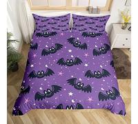 Cute Bats Comforter Cover Single Happy Halloween Holiday Bedding Set for Kids Boys Girls Kawaii Starry Sky Stars Moon Duvet Cover Cartoon Animal Bed Set Black Purple Child Halloween Room Decor 2 Pcs