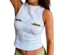 Cute Beaded Graphic Summer Tank Tops for Women Embroidered Sequin Knit Ribbed Tee Shirt Y2k Beachy Crop Tops (Ivory, M)