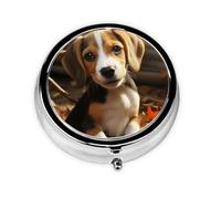 Cute Beagle Print Pill Box 3 Compartments Round Pill Organizer Metal Waterproof Portable Pill Case for Pocket or Purse Vitamin/Fish Oil/Pills/Supplements