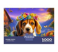 Cute_beagle_puppy_with_a_flower_crown_on_its_head_sitting_against_a_purple_background_portrait_phot_ 1000 Piece Puzzle Dreamy Countryside&Healing Series&Colorful Smooth Cut Paper Jigsaw Puzzle, Challe