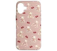 Cute Bear and Cherry, Pastel Rose Pink Background Case for iPhone 16 Plus