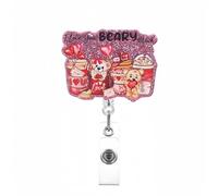 Cute Bear Badge Reels, Valentines Heart Small Bear Cup Design Badge Holder with Retractable Clip, Sparkling Glitter Full Cover Badge Reel, Funny Acrylic Badge Holders for Nurse Doctor