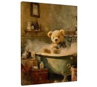Cute Bear Bath Canvas Wall Art, Brown Beige Teddy Poster Prints, Cozy Winter Bathroom Decor for Living Room, Bedroom, Wrapped Canvas 8x10 Inch