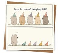 Cute Bear Birthday Card with Party Hats and Funny 'here he comes! everybody hide!' Message, Humorous Greeting for Him or Her
