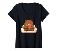 Cute Bear Eating Watermelon on Couch - Watermelon Bear V-Neck T-Shirt
