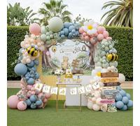 Cute bear Gender reveal Party decorations include Dusty Blue Green Pink balloon arch & Bee Daisy Foil balloons & backdrop banner paper signposts for Baby Bee baby shower birthday Supplies