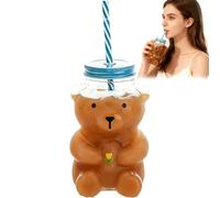 Cute Bear Glass Cup With Straw, Clear Bear Glass Cup with Lid and Straw Cute Kawaii Bear Glass Bottle Mug birthday Christmas Valentine's Day Gifts for Women Kids Girls friends