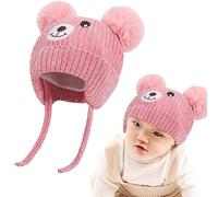 Cute Bear Kids Winter Fleece Lined Knitted Hat with Ear Flaps Dual Pom-Pom Chenille Furry Beanie Earflap Warm Beanie Hat with Strap Cold Weather Warm Hat for 1-5 Y Infant Toddler Boys Girls