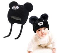 Cute Bear Kids Winter Fleece Lined Knitted Hat with Ear Flaps Dual Pom-Pom Chenille Furry Beanie Earflap Warm Beanie Hat with Strap Cold Weather Warm Hat for 1-5 Y Infant Toddler Boys Girls