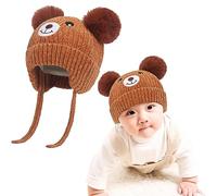 Cute Bear Kids Winter Fleece Lined Knitted Hat with Ear Flaps Dual Pom-Pom Chenille Furry Beanie Earflap Warm Beanie Hat with Strap Cold Weather Warm Hat for 1-5 Y Infant Toddler Boys Girls