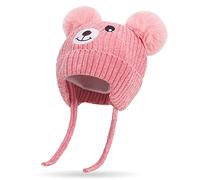 Cute Bear Kids Winter Hat with Ear Flaps 1-5 Years Dual Pom-Pom Chenille Knitted Warm Hat for Baby Girls Boys Fleece Lined Warm Earflap Cap with Strap Toddler Cold Weather Furry Warm Beanie Hat,Pink