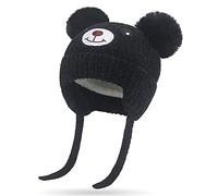 Cute Bear Kids Winter Hat with Ear Flaps 1-5 Years Dual Pom-Pom Chenille Knitted Warm Hat for Baby Girls Boys Fleece Lined Warm Earflap Cap with Strap Toddler Cold Weather Furry Warm Beanie Hat,Black