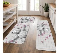 Cute Bear Kitchen Mats for Floor, Grey Bear with Butterflies Soft Mats, Cushioned Comfort Washable Non Slip Decor Rugs for Kitchen Sinks Laundryroom Bathroom 3Pcs