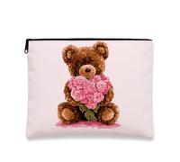 Cute Bear Makeup Bag, Adorable Brown Bear Floral Cosmetic Travel Pouch for Women, Portable Small Zipper Organizer, Gift for Birthdays and Valentine's Day, Peach, 7x9 Inch, Bear