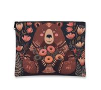 Cute Bear Makeup Bag, Cozy Animal Floral Cosmetic Travel Pouch for Women, Portable Small Canvas Zipper Organizer, Adorable Gift for Fall Season, Holiday Skincare Toiletry Bag, Dark Brown, 7x9 Inch
