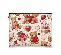 Cute Bear Makeup Bag, Fanciful Love Pattern Cosmetic Travel Pouch for Women, Portable Canvas Zipper Organizer, Valentine'S Day Skincare Toiletry Bag, Beige, 7x9 Inch, Bear