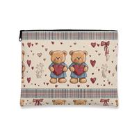 Cute Bear Makeup Bag, Vintage Heart Pattern Cosmetic Pouch for Women, Portable Zipper Travel Toiletry Organizer, Valentine's Day Gift 7x9 Inch