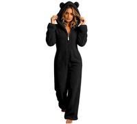 Cute Bear Onesie Sleepwear for Women Warm Fuzzy Sherpa Fleece Hooded Romper | Thermal Plush Jumpsuit Playsuit Pajamas Soft Comfy Homewear One Piece Nightwear Autumn Winter Loungewear