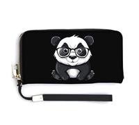 Cute Bear Panda Nerd with Glasses Leather Wallet Fashion Purse Long Pouch with Wrist Strap for Men Women