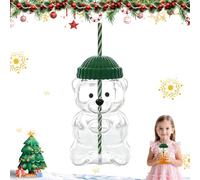 Cute Bear Shaped Glass Cup with Green Beanie Lid and Straw 20oz Clear Large Bear-Shaped Glassware Bottle Iced Coffee Animal Funny Christmas Drinking Mugs Gifts for Iced Coffee Juice Wine Milk (600ML)