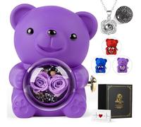 Cute Bear Teddy Preserved Rose Gift Box, Romantic Rose Flower Bear Teddy Necklace, Eternal Forever Rose Bear Gift Weddings Anniversary Christmas Birthday Bridal Shower Gift for Girlfriend Her, Purple
