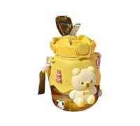 Cute Bear Water Bottle with 3D Design,1.3L, Leakproof, Flip-Top Lid with Straw, Detachable Shoulder Strap (Available in Pink, Blue and Yellow) (Yellow Bear)