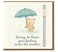 Cute Bear with Umbrella Get Well Soon Card - Sorry You’re Feeling Under the Weather - With Love - Thinking of You Card for Friend, Family or Colleague