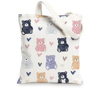 Cute Bears Canvas Tote Bags, Playful Bear Pattern Reusable Grocery Bags, Lightweight Washable Shoulder Strap Canvas Bags fo, White, 13x15 Inch
